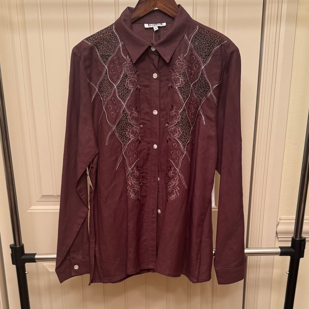 Baba Brand Brown/Silver Yarn Embroidered Women's Botton Down-Sz XL